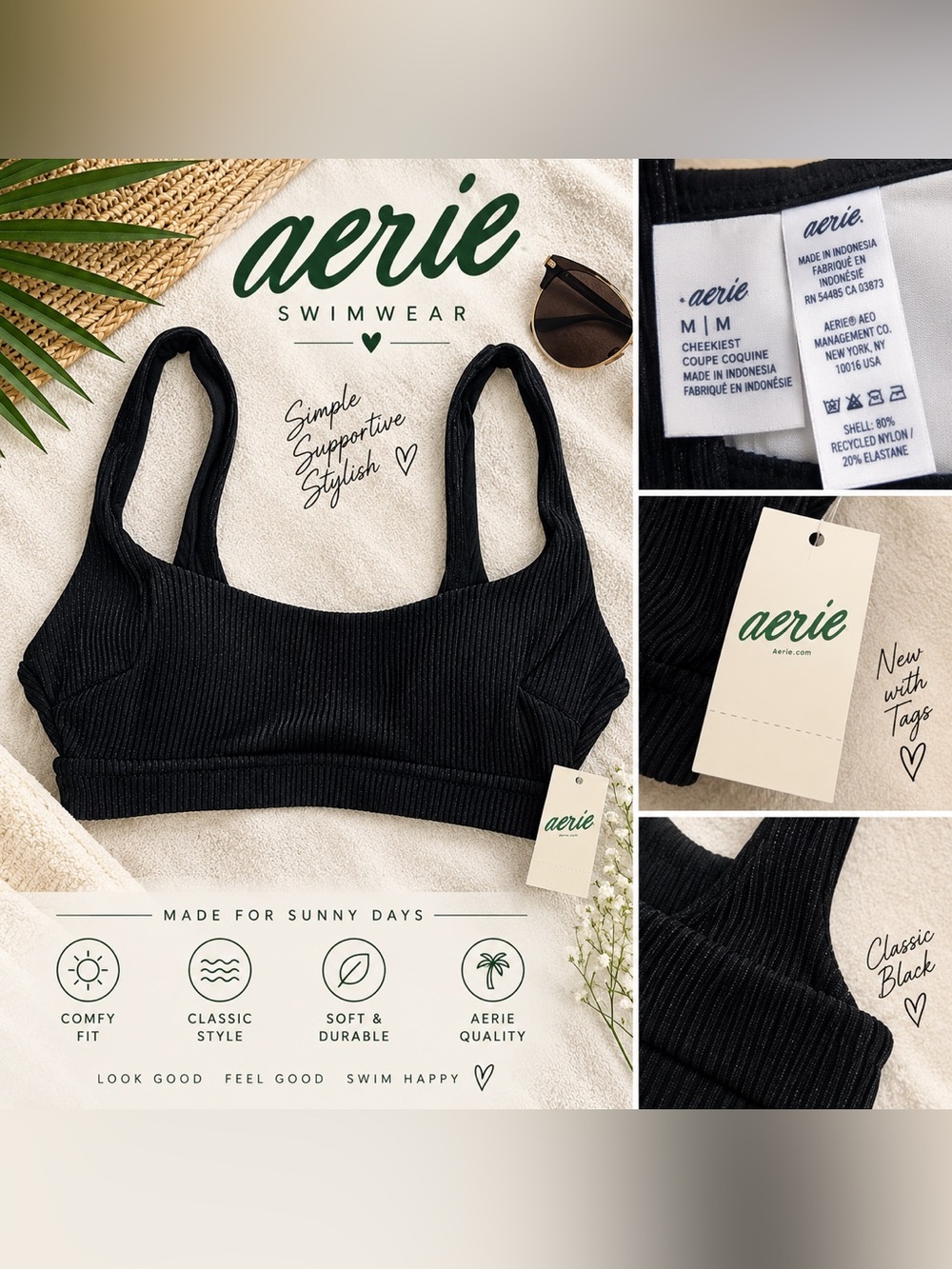 aerie Black Ribbed Swim Bandeau Bralette
